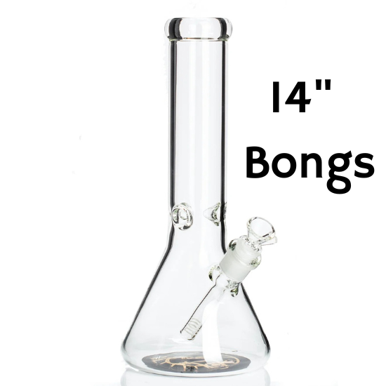 Glass bong on white background with black text that reads "14" bongs"