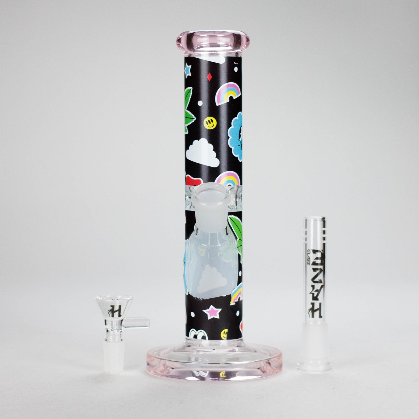 Haze | 9″ Face Emoji Straight Tube Glass Bong with Color End – Pink (Mini-Z)