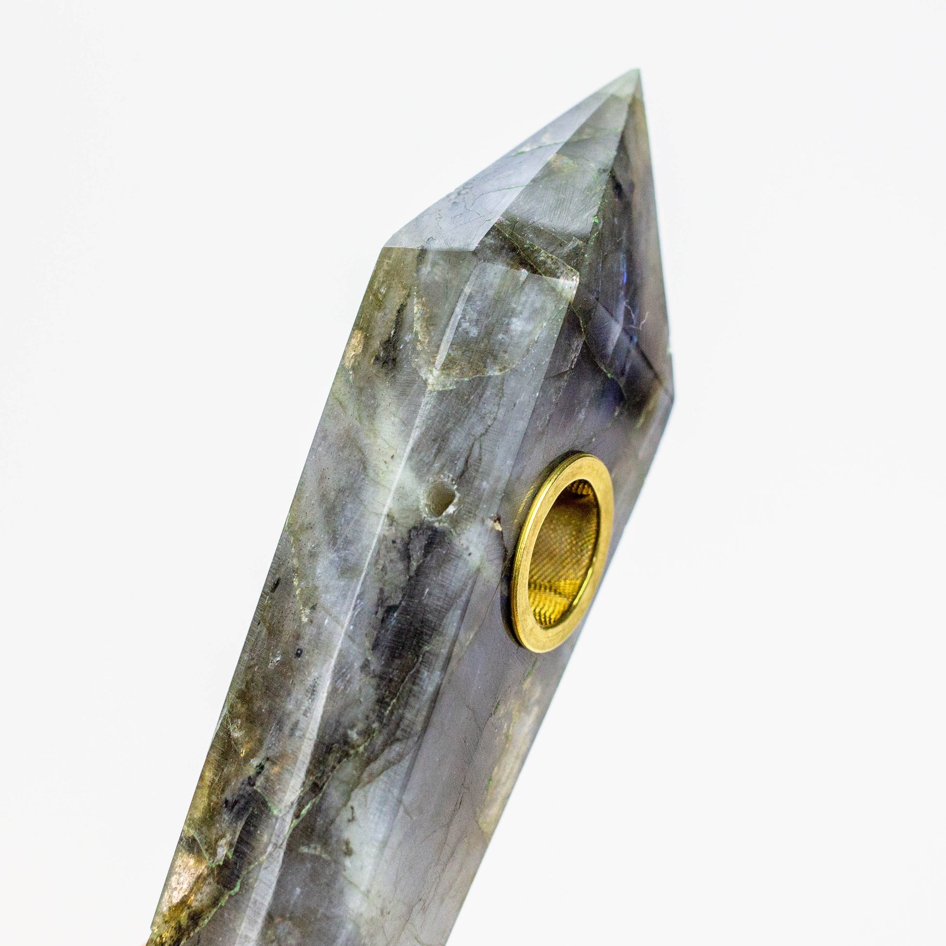 Acid Secs - Natural Labradorite FLASH Smoking Pipe with choke hole_2