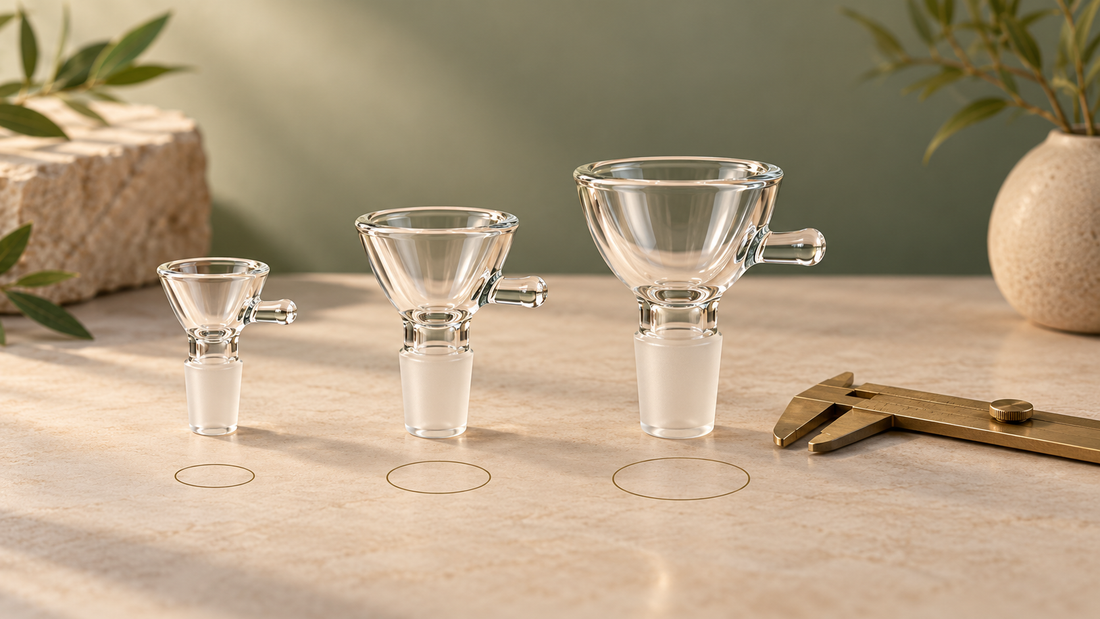 Illustration of three unbranded glass bowl pieces in different proportions beside a brass caliper