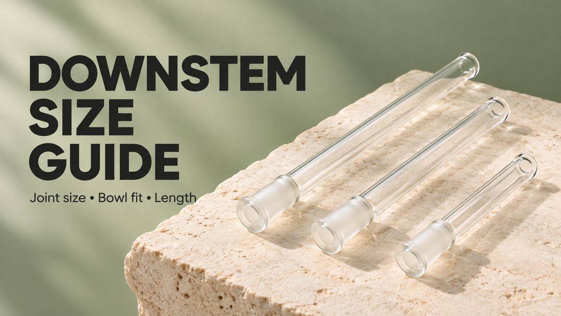 Downstem size guide cover with three clear glass downstems on pale stone and a sage background
