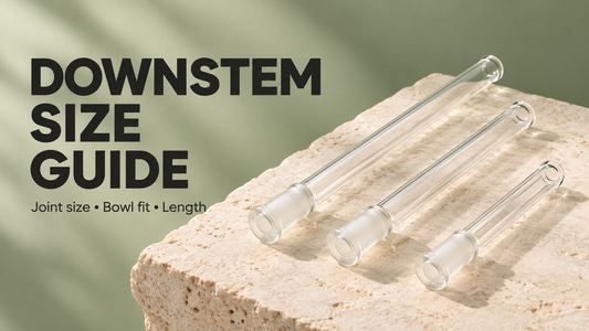 Downstem size guide cover with three clear glass downstems on pale stone and a sage background