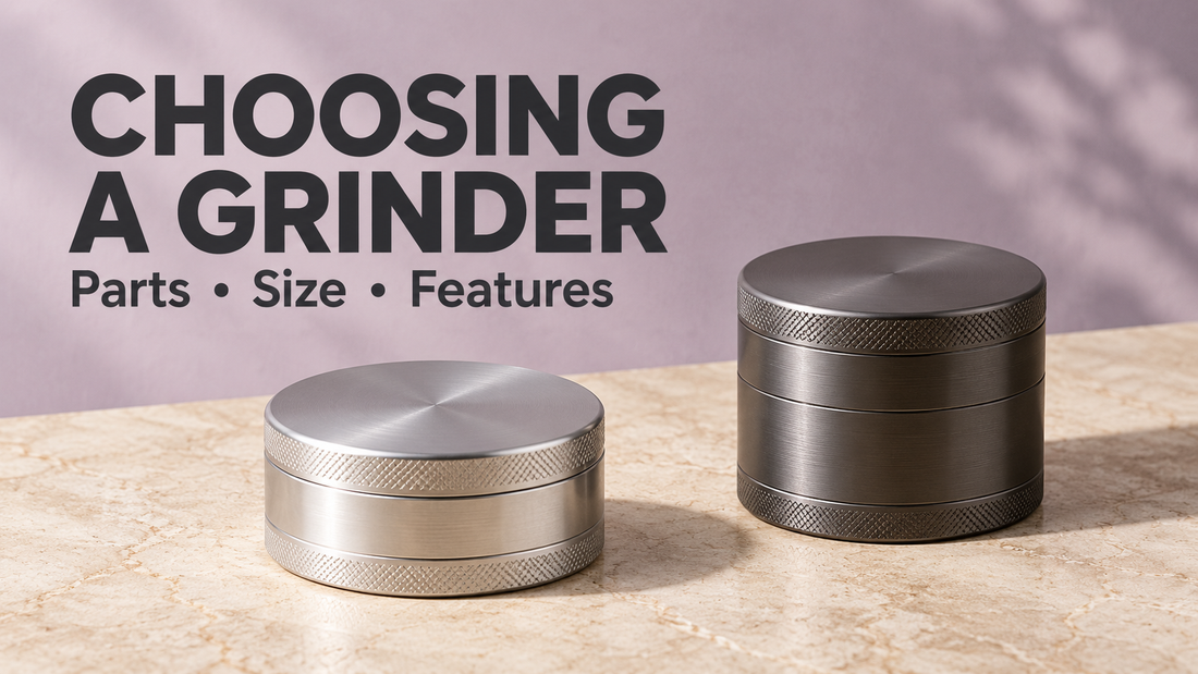 Illustration of two closed metal grinders on ivory stone against a muted lavender background