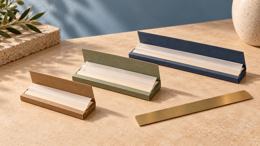 Illustration of three unbranded rolling-paper booklets in different proportions on a warm tabletop