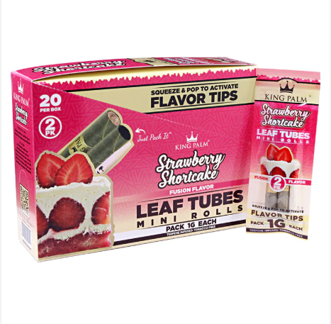 A pink box of King Palm mini leaf tubes flavored strawberry shortcake