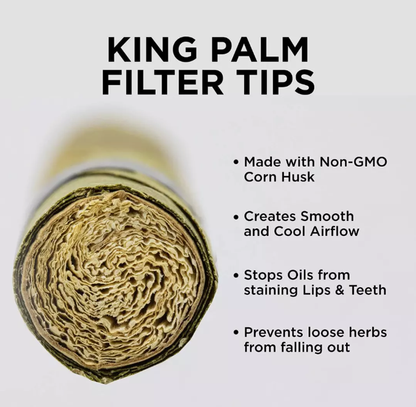 Infographic slide showing the pros of using king palm filter tips on a white background