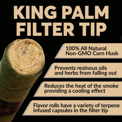 Infographic slide showing the pros of using king palm filter tips on a black background