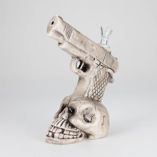 8" Skull Gun Ceramic Bong – Dark Art-Inspired Smoking Piece [ES090WP]