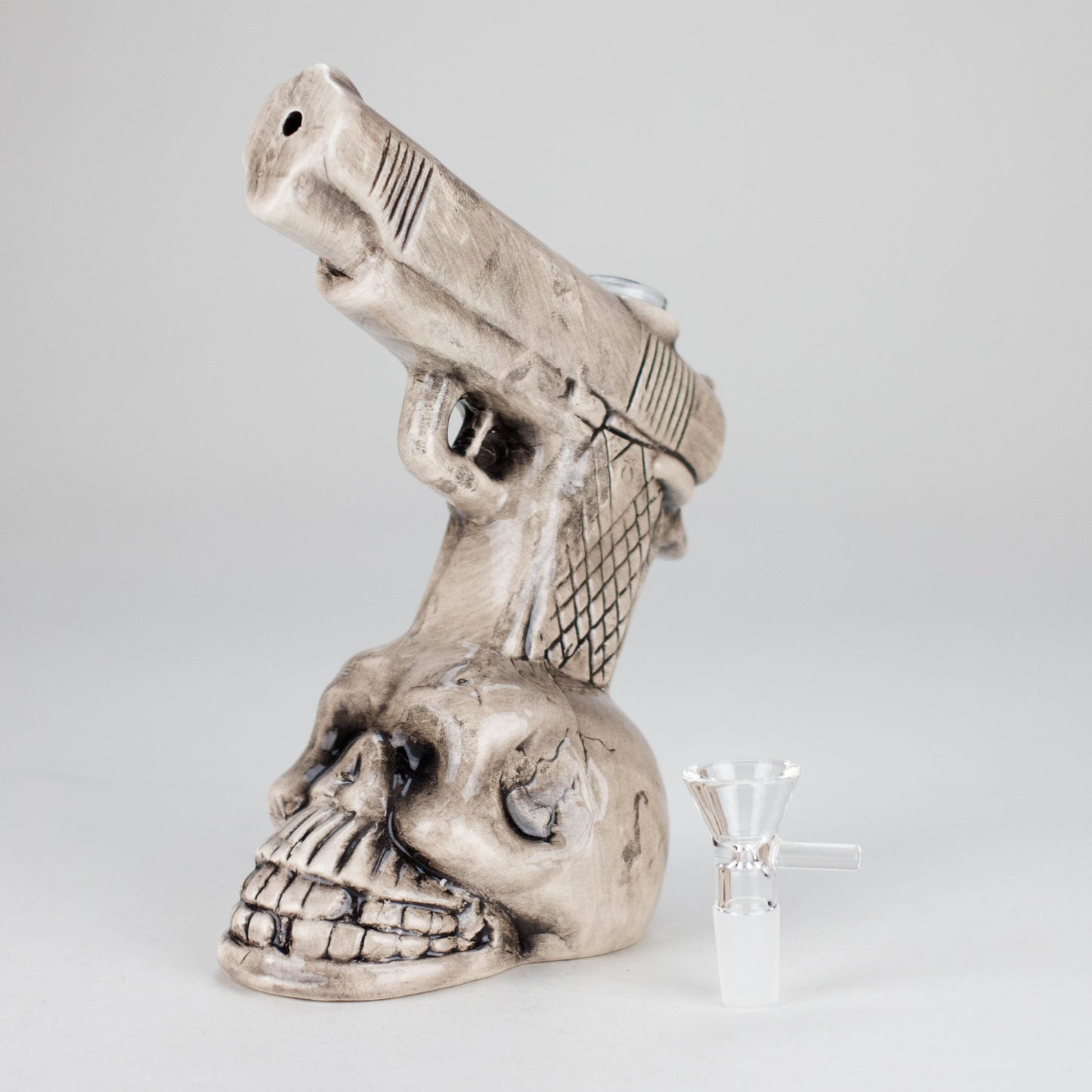 8" Skull Gun Ceramic Bong – Dark Art-Inspired Smoking Piece [ES090WP]