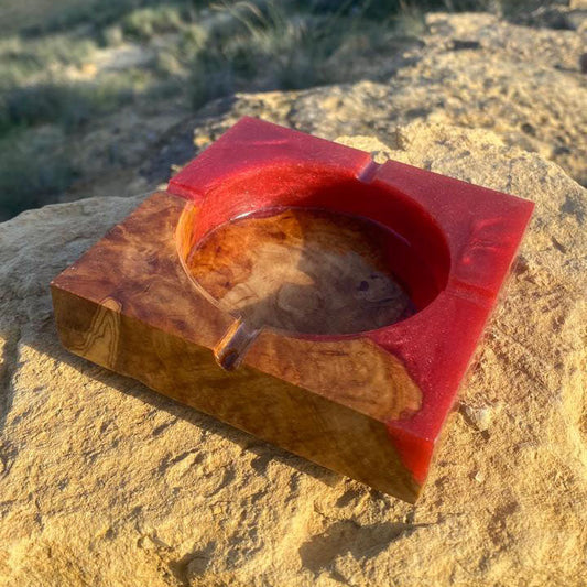 Olive Wood Orange Epoxy Ash Tray – Handcrafted Tunisian Ashtray, Resin & Olive Wood Collector’s Piece