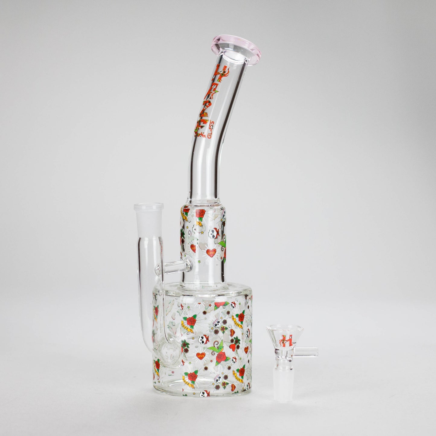 Haze | 10″ Skull & Red Roses Glass Bong – Pink (Mini-S)