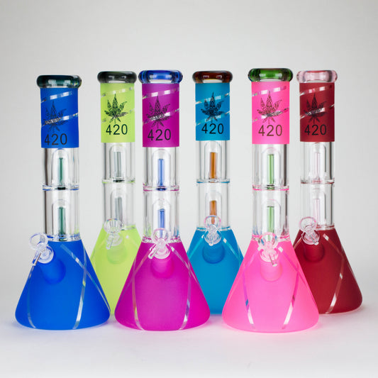 14" 7mm 420 Double Perc Fancy Glass Water Bong [FT1157AST]
