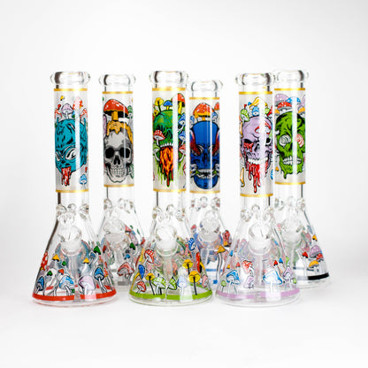 14" Mushroom Skull Design 7mm Thick Heavy Duty Glass Beaker Bong - Glow in the Dark