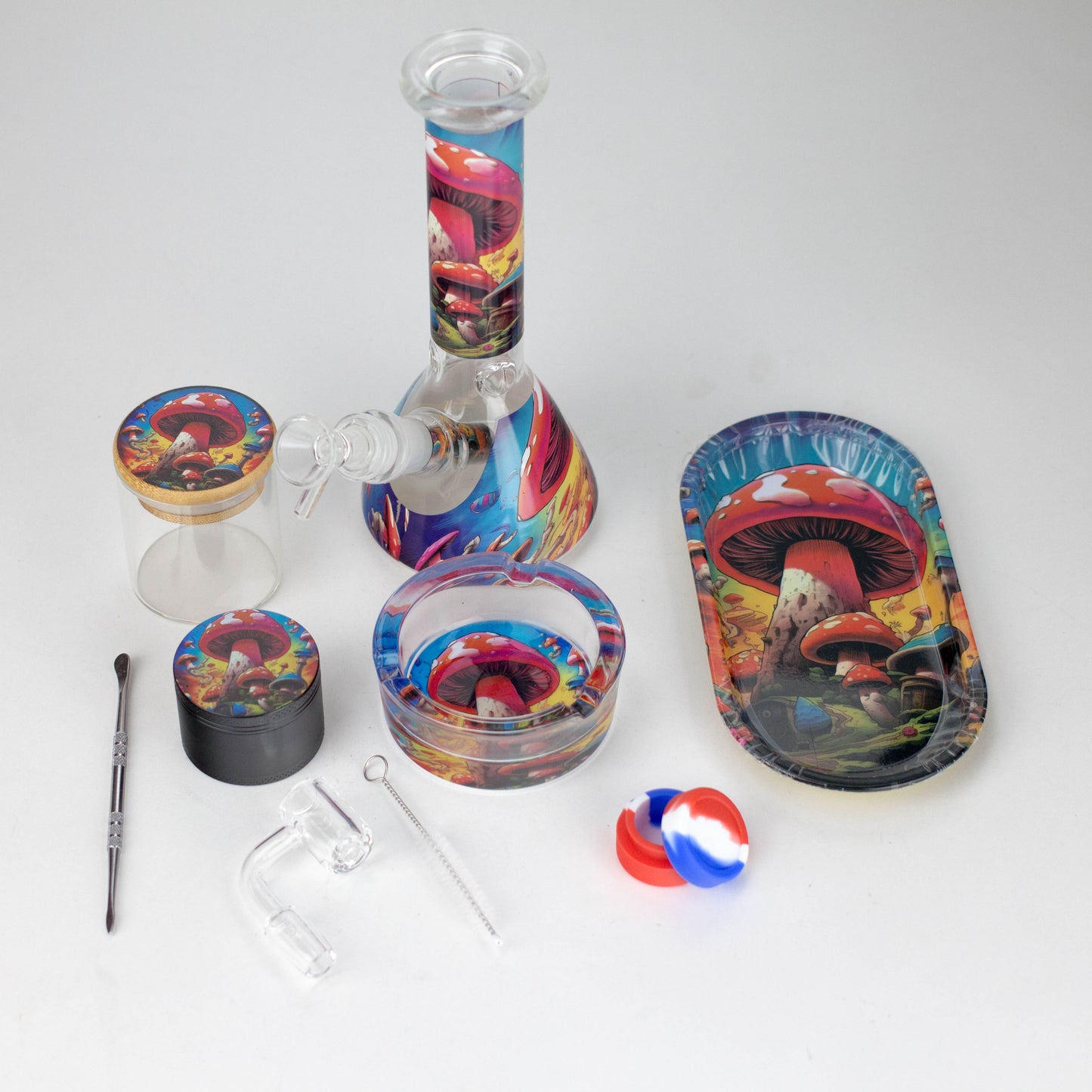 10-in-1 Mushroom Design Smoke Set Complete Smoking Kit with 8" Glass Bong