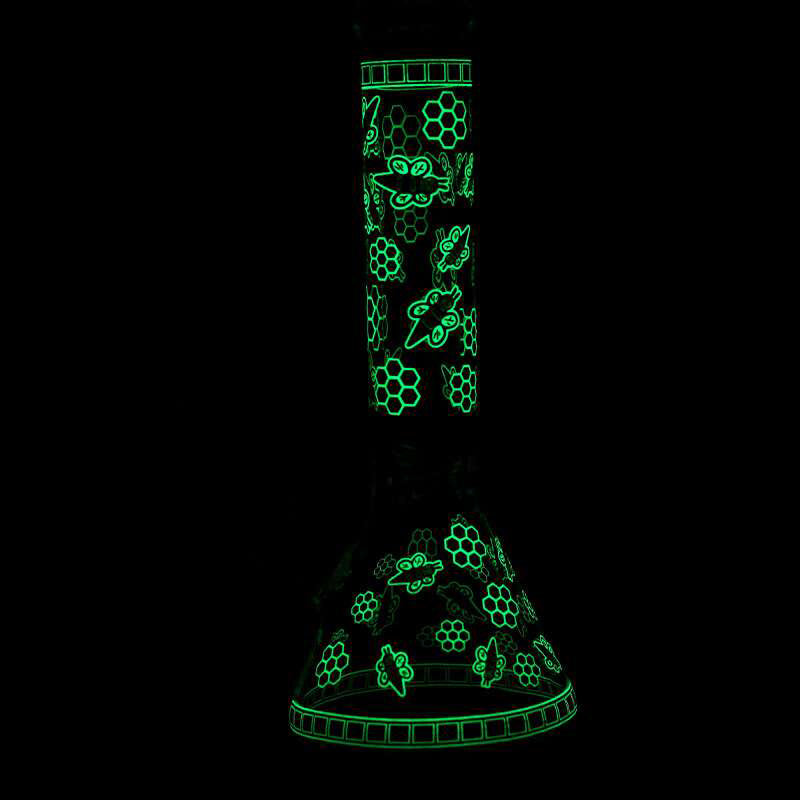 14" Honey Bee Glow-in-the-Dark Glass Beaker Bong – 7mm Thick