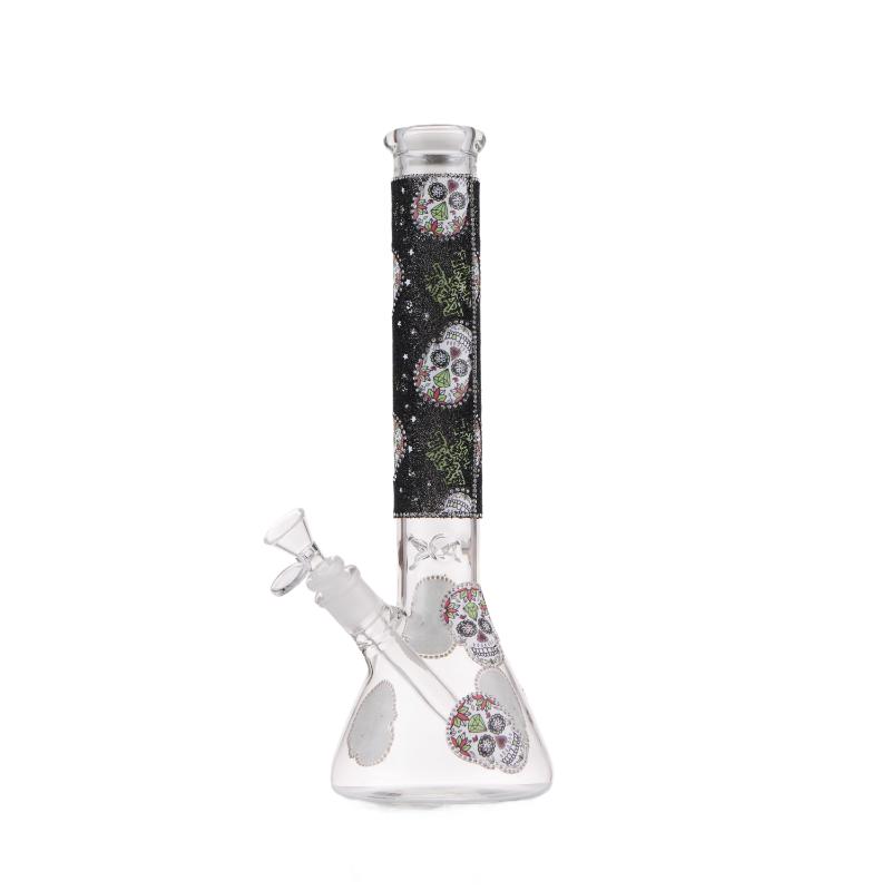 14" Graphic with cubic zirconia decor glass beaker water bong