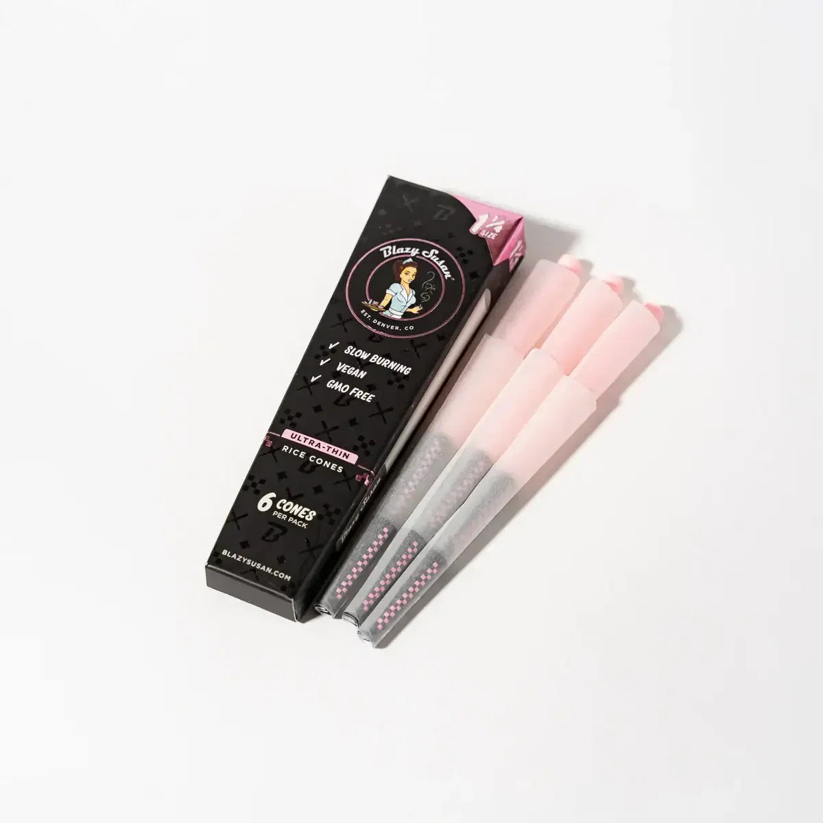 Blazy Susan | Ultra Thin Rice Pre-Rolled Cones – 1 ¼ Size (21 packs)