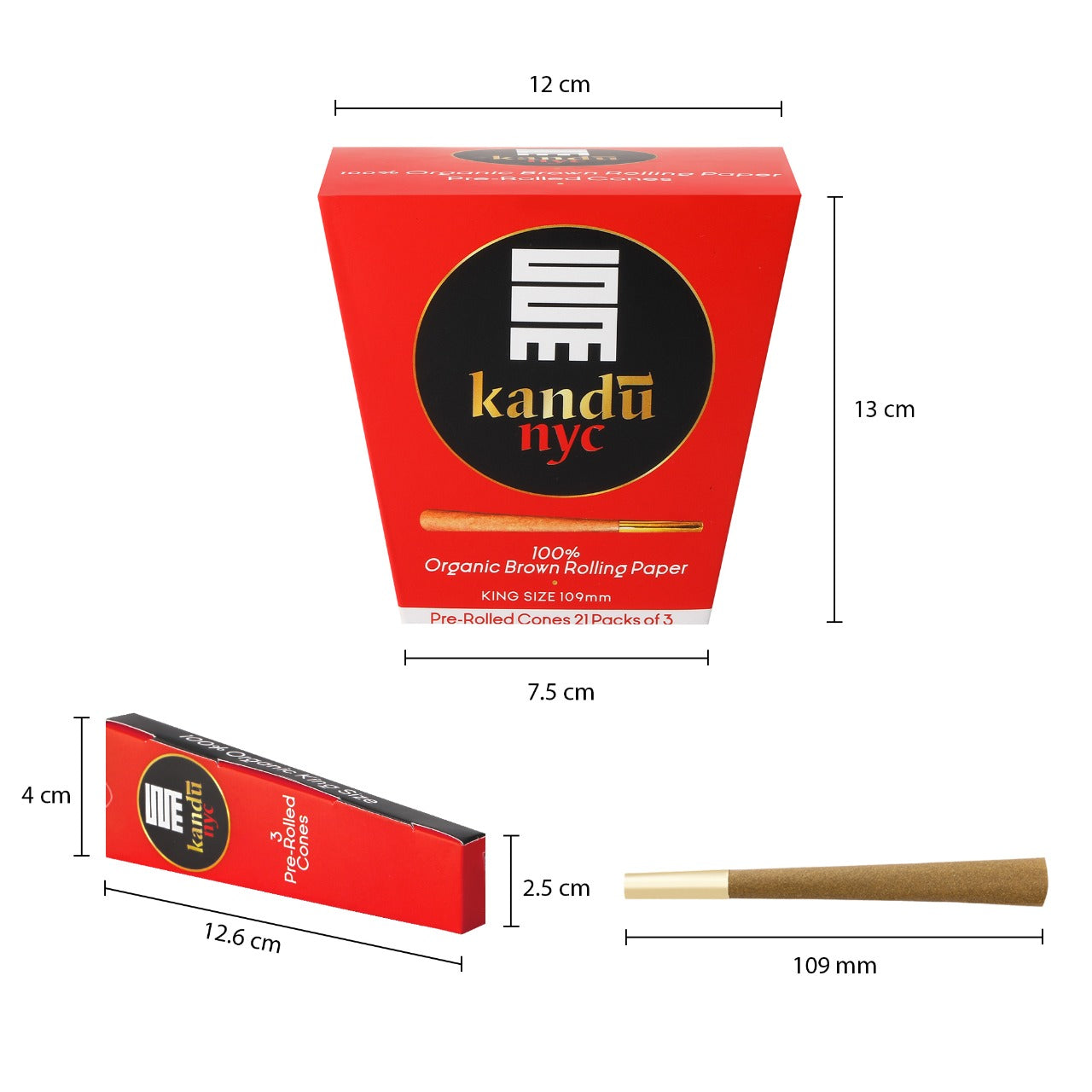 Kandu NYC King Size Pre Rolled Cones, Display Box 21 Count with 3 Cones Each