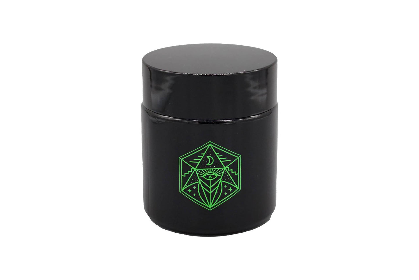 Small Glass Storage Jar and Lid - Real Printed Artwork - UV Protection - Helps Keep Goods Fresh with Light Protection- Tinted Black - 100 ml - Ancient Symbol Design - Accessories By Leaf-Way Brand_0
