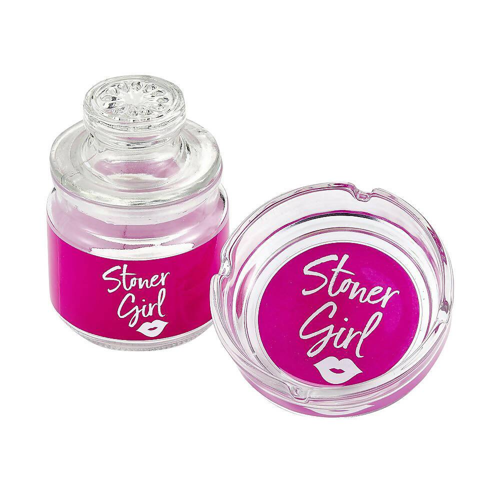 ASHTRAY AND STASH JAR SET - PINK STONER GIRL DESIGN_0
