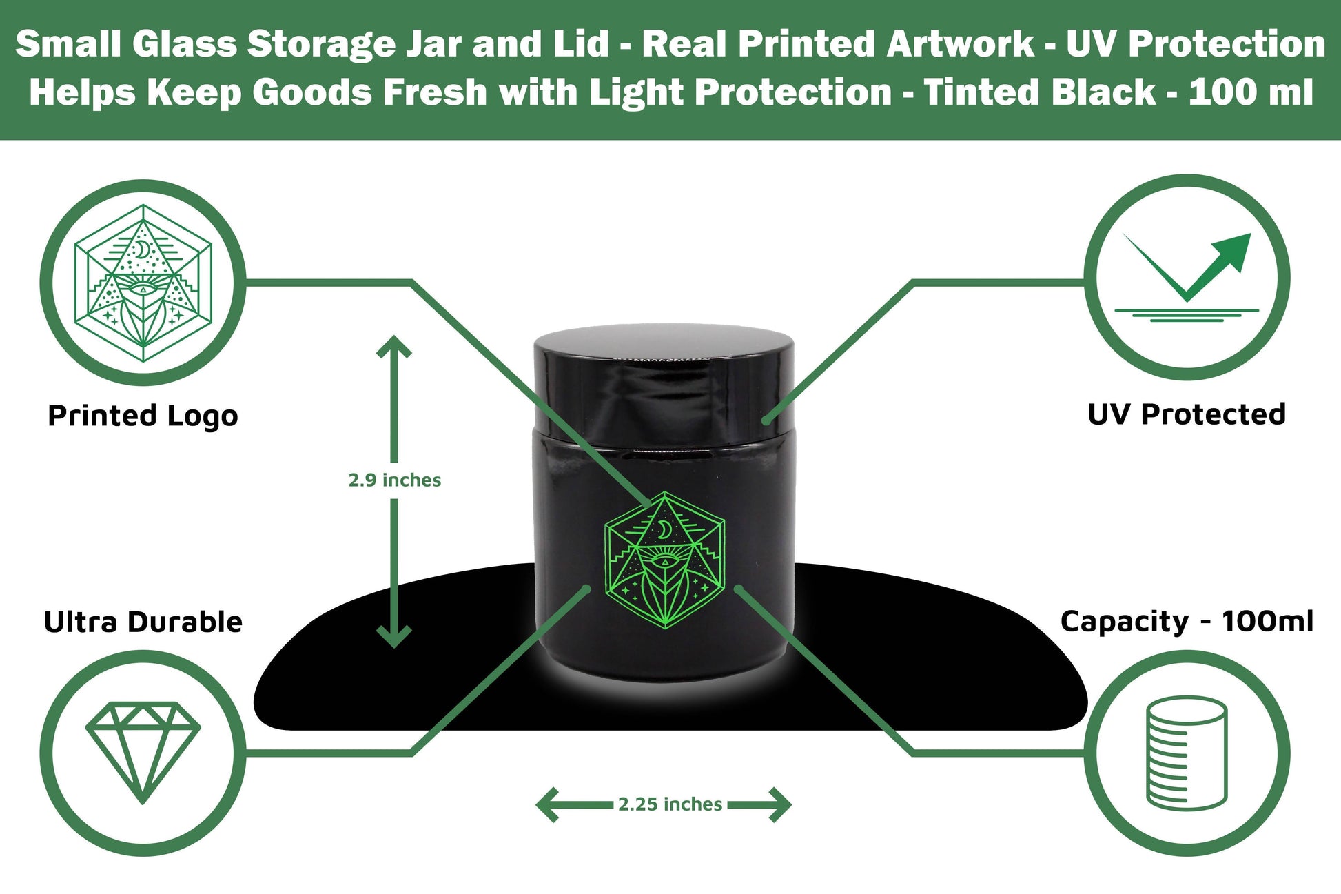 Small Glass Storage Jar and Lid - Real Printed Artwork - UV Protection - Helps Keep Goods Fresh with Light Protection- Tinted Black - 100 ml - Ancient Symbol Design - Accessories By Leaf-Way Brand_2